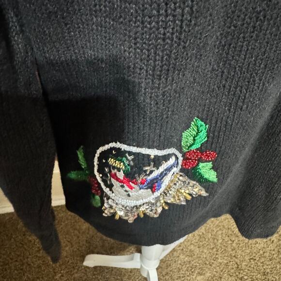 VTG BP Design Black Christmas sweater cardigan Snowflakes embroidered full zip M - Picture 6 of 8